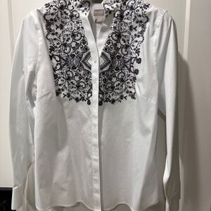 Chico's no-iron white shirt with black embroidery embellished size 2.